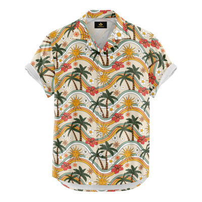 Retro wave paml tree sun hawaii printed cuban collar shirt