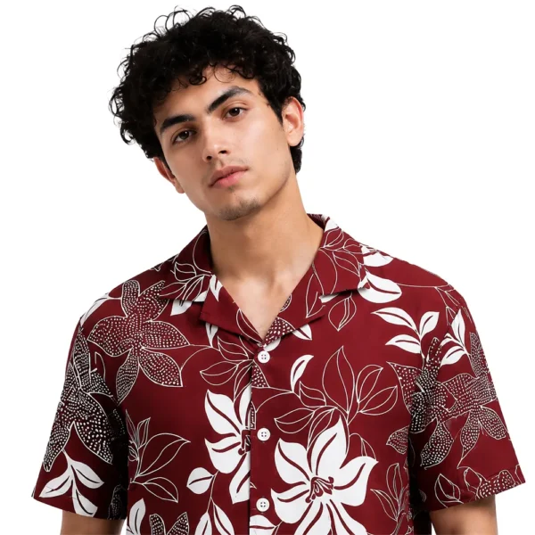 Maroon Floral Print Cuban Collar Shirt – Men’s Casual Summer Wear