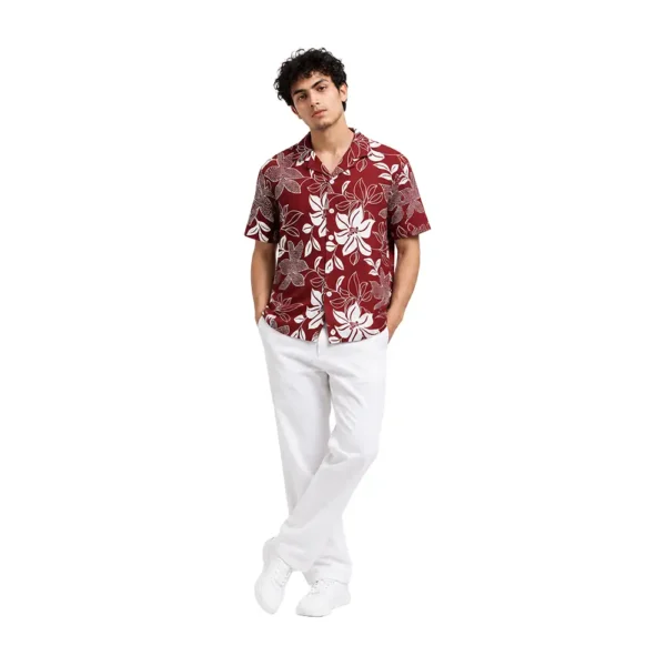 Maroon Floral Print Cuban Collar Shirt – Men’s Casual Summer Wear
